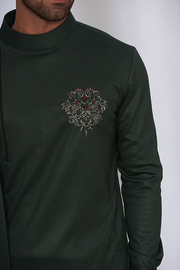 Bottle Green Cotton Knit Motif Hand Embroidered Kurta by AMIT ARORA at Pernia's Pop Up Shop