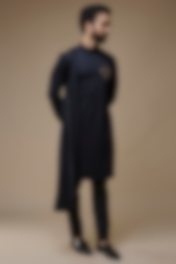Black Cotton Knit Zardosi Embroidered Asymmetrical Kurta by AMIT ARORA at Pernia's Pop Up Shop