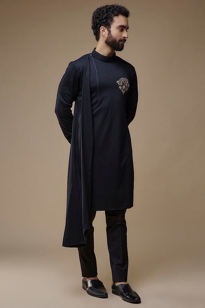 Black Cotton Knit Zardosi Embroidered Asymmetrical Kurta by AMIT ARORA at Pernia's Pop Up Shop