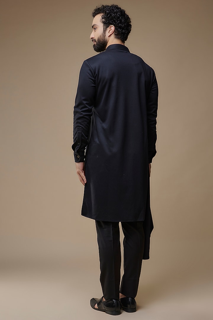 Black Cotton Knit Zardosi Embroidered Asymmetrical Kurta by AMIT ARORA at Pernia's Pop Up Shop