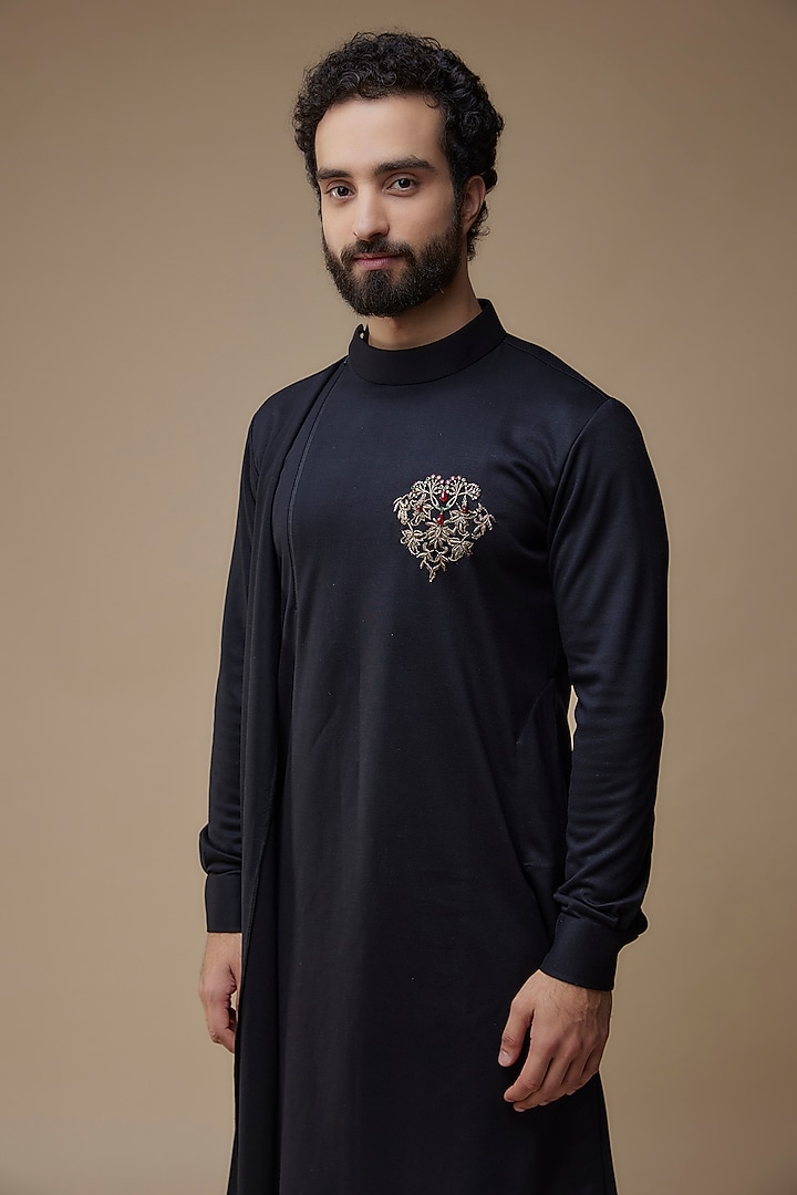 Black Cotton Knit Zardosi Embroidered Asymmetrical Kurta by AMIT ARORA at Pernia's Pop Up Shop