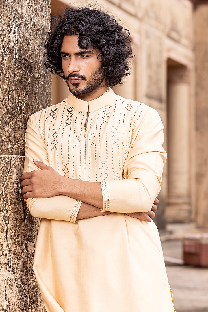 Peach Moonga Silk Metal Work Kurta Set by AMIT ARORA at Pernia's Pop Up Shop