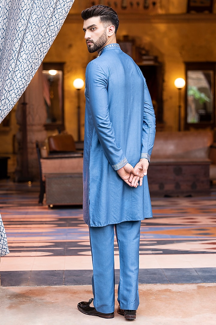 Blue Moonga Silk Metal Work Kurta Set by AMIT ARORA at Pernia's Pop Up Shop