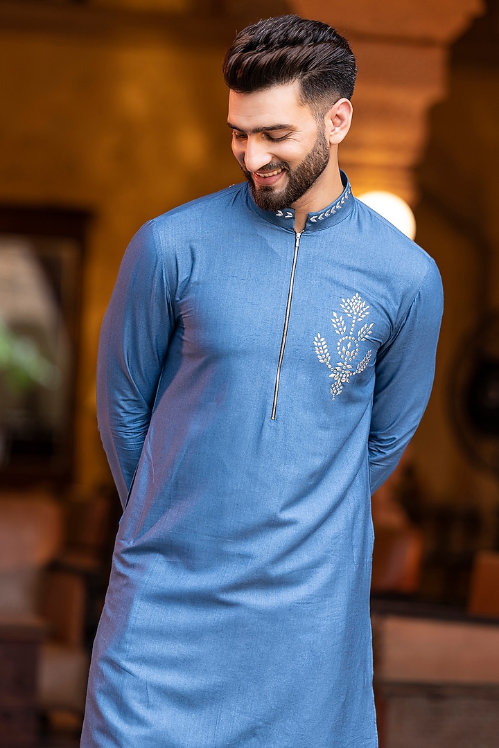 Blue Moonga Silk Metal Work Kurta Set by AMIT ARORA at Pernia's Pop Up Shop