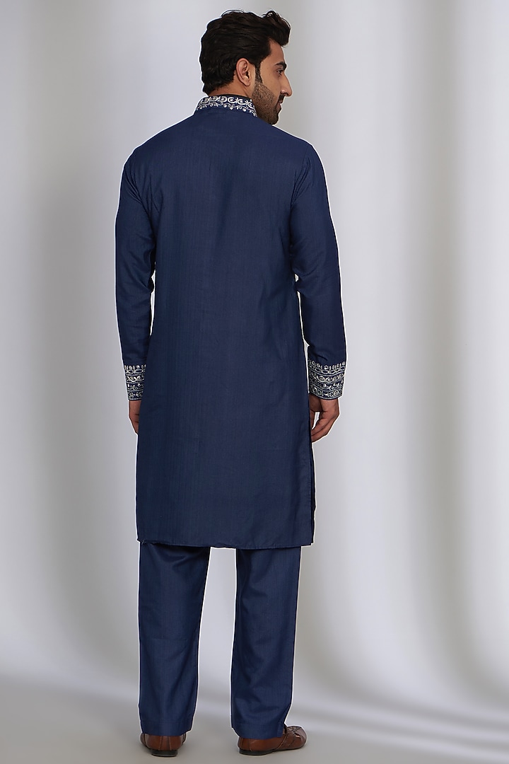 Blue Linen Zari Embroidered Kurta Set by AMIT ARORA at Pernia's Pop Up Shop