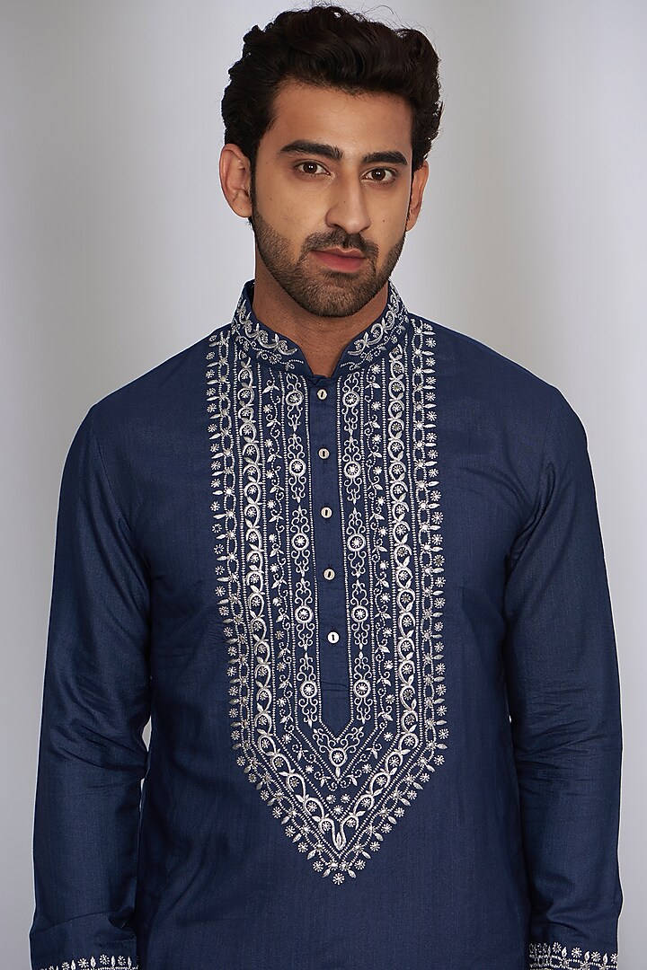 Blue Linen Zari Embroidered Kurta Set by AMIT ARORA at Pernia's Pop Up Shop