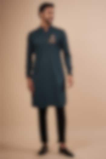 Blue Lycra Knit Motif Hand Embroidered Kurta by AMIT ARORA at Pernia's Pop Up Shop