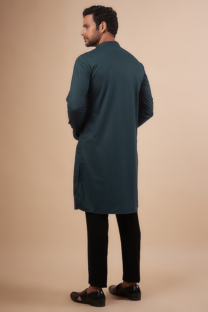 Blue Lycra Knit Motif Hand Embroidered Kurta by AMIT ARORA at Pernia's Pop Up Shop