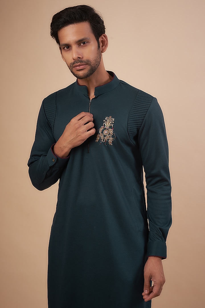 Blue Lycra Knit Motif Hand Embroidered Kurta by AMIT ARORA at Pernia's Pop Up Shop