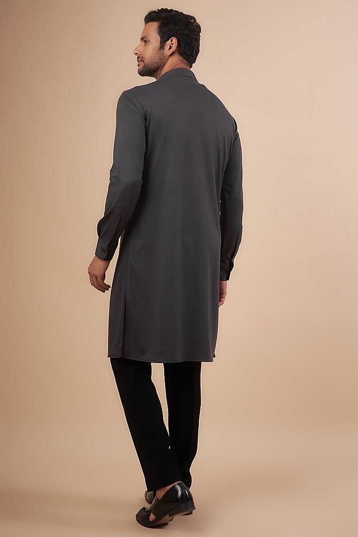 Grey Lycra Knit Motif Hand Embroidered Kurta by AMIT ARORA at Pernia's Pop Up Shop