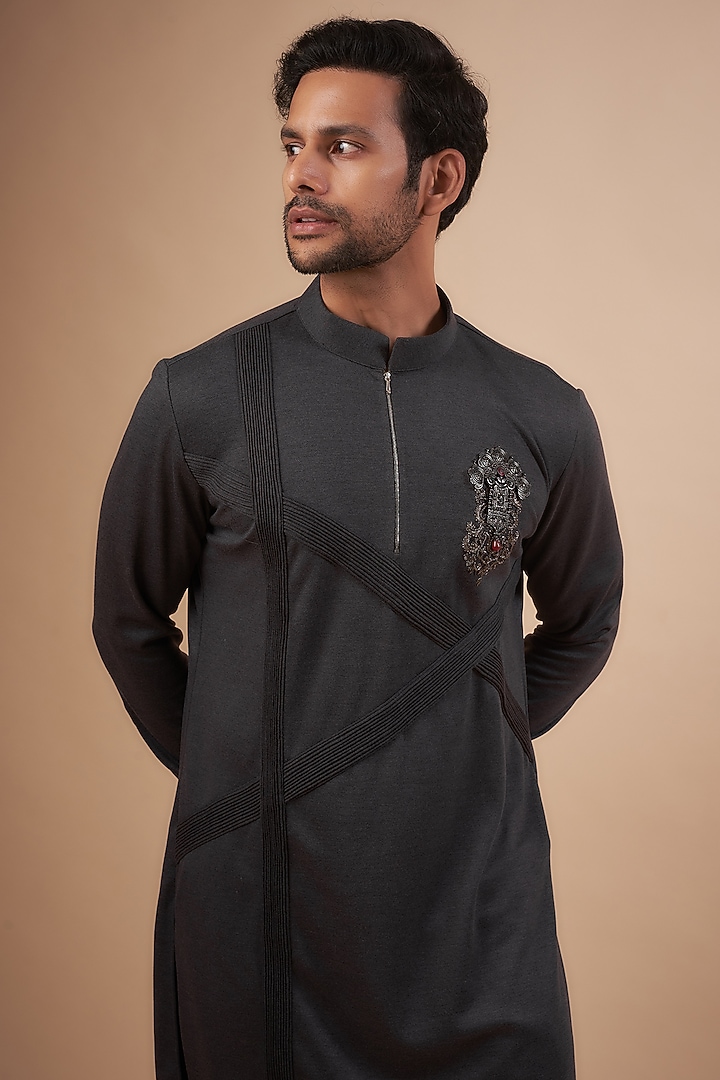 Grey Lycra Knit Motif Hand Embroidered Kurta by AMIT ARORA at Pernia's Pop Up Shop