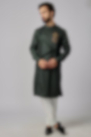 Bottle Green Knit Lycra Motif Hand Embroidered Kurta  by AMIT ARORA at Pernia's Pop Up Shop