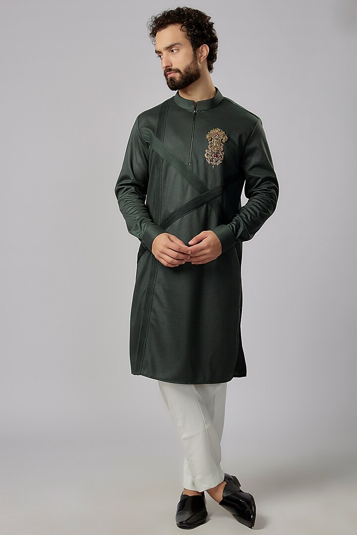 Bottle Green Knit Lycra Motif Hand Embroidered Kurta  by AMIT ARORA at Pernia's Pop Up Shop