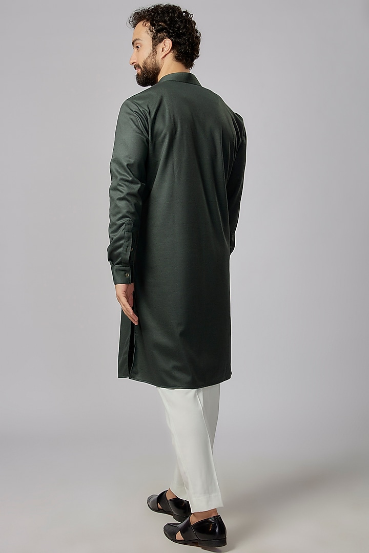 Bottle Green Knit Lycra Motif Hand Embroidered Kurta by AMIT ARORA at Pernia's Pop Up Shop