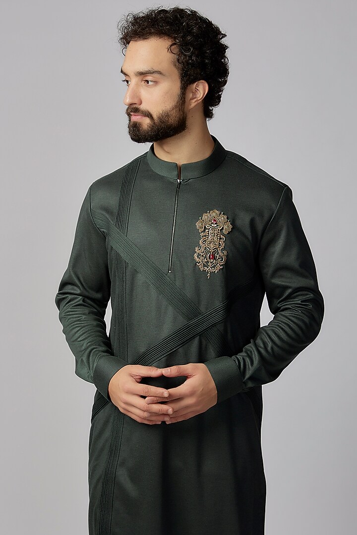 Bottle Green Knit Lycra Motif Hand Embroidered Kurta by AMIT ARORA at Pernia's Pop Up Shop