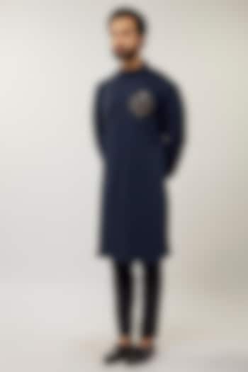 Navy Blue Lycra Knit Motifs Hand Embroidered Kurta by AMIT ARORA