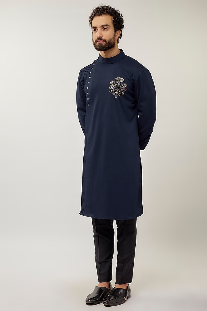 Navy Blue Lycra Knit Motifs Hand Embroidered Kurta by AMIT ARORA