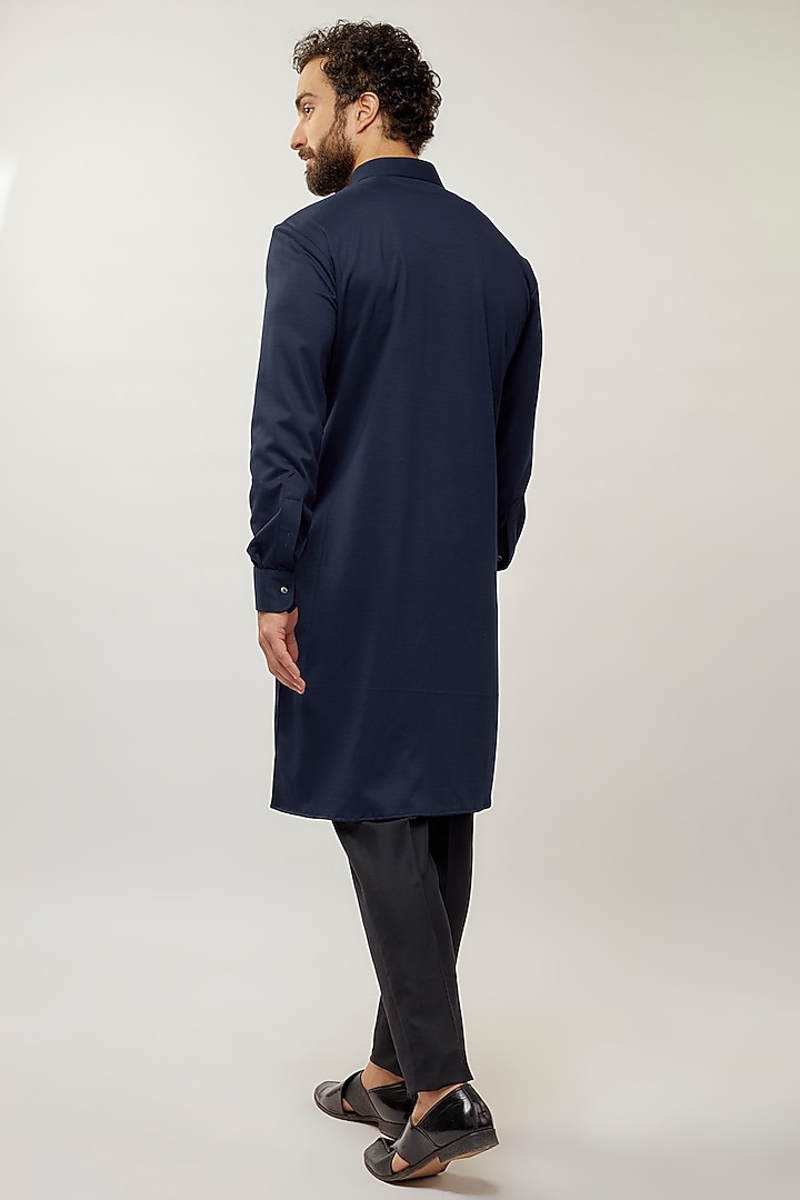 Navy Blue Lycra Knit Motifs Hand Embroidered Kurta by AMIT ARORA at Pernia's Pop Up Shop