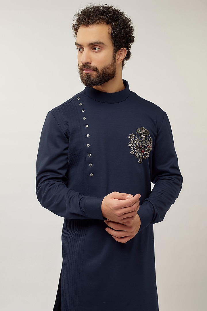 Navy Blue Lycra Knit Motifs Hand Embroidered Kurta by AMIT ARORA at Pernia's Pop Up Shop