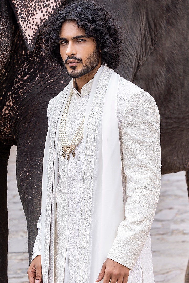 Ivory Raw Silk Hand Embroidered Groom Sherwani Set by AMIT ARORA at Pernia's Pop Up Shop