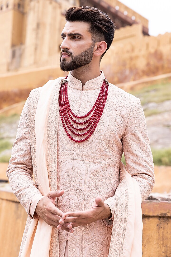 Pink Raw Silk Hand Embroidered Groom Sherwani Set by AMIT ARORA at Pernia's Pop Up Shop