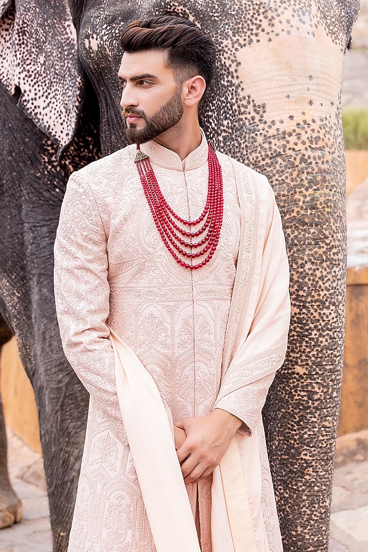 Pink Raw Silk Hand Embroidered Groom Sherwani Set by AMIT ARORA at Pernia's Pop Up Shop