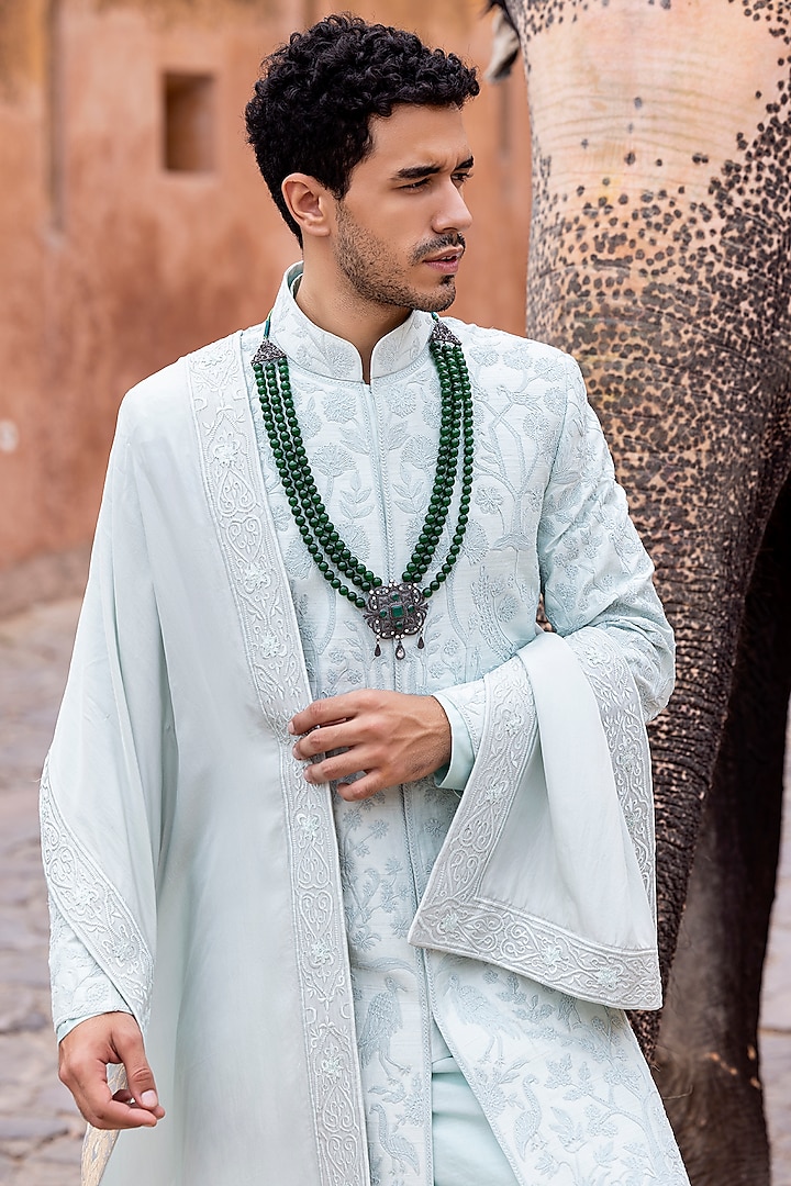 Blue Raw Silk Hand Embroidered Groom Sherwani Set by AMIT ARORA at Pernia's Pop Up Shop