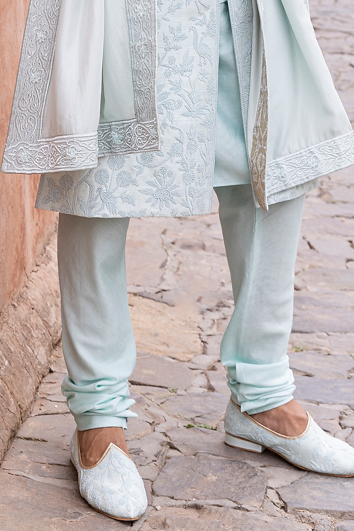 Blue Raw Silk Hand Embroidered Groom Sherwani Set by AMIT ARORA at Pernia's Pop Up Shop