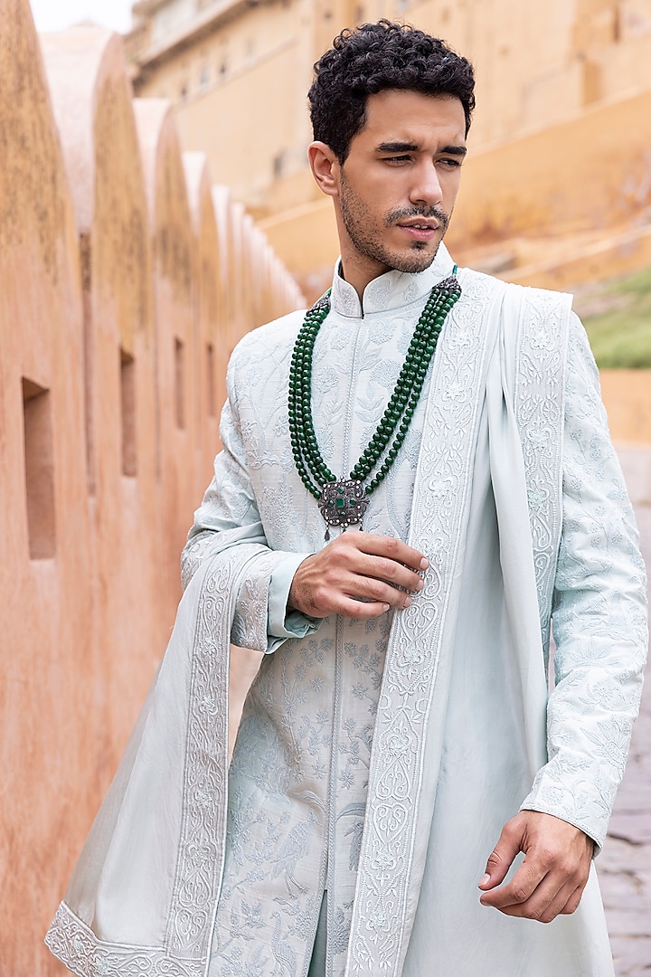 Blue Raw Silk Hand Embroidered Groom Sherwani Set by AMIT ARORA at Pernia's Pop Up Shop