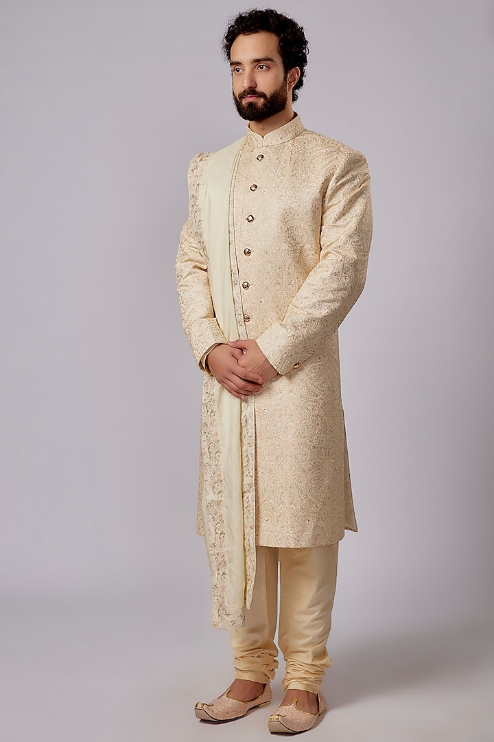 Cream Silk Hand Embroidered Sherwani Set by AMIT ARORA