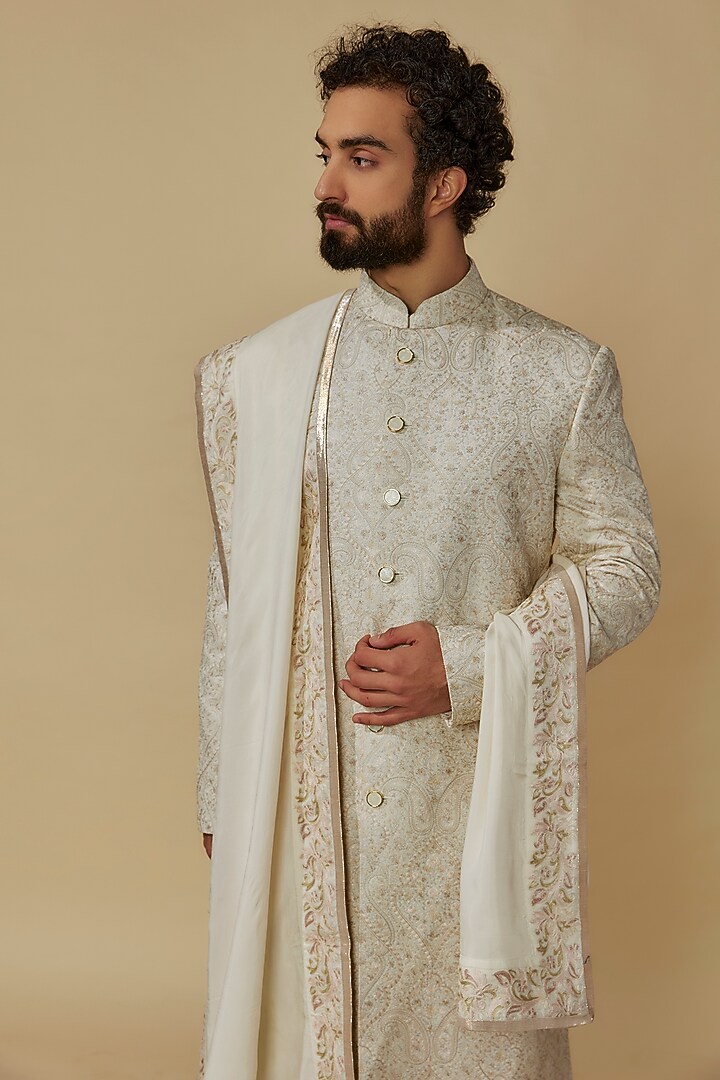 Mint Green Silk Hand Embroidered Wedding Sherwani Set
by AMIT ARORA at Pernia's Pop Up Shop