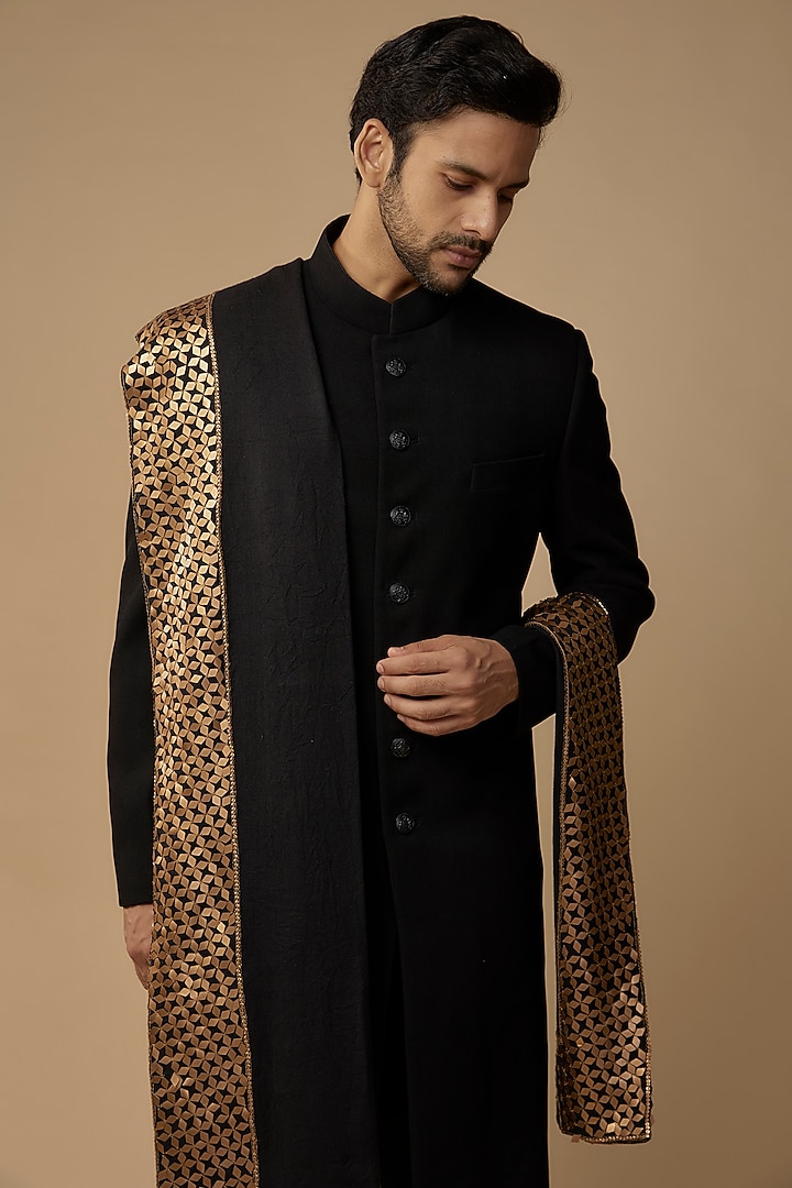 Black Banarasi Silk Wedding Sherwani Set by AMIT ARORA at Pernia's Pop Up Shop