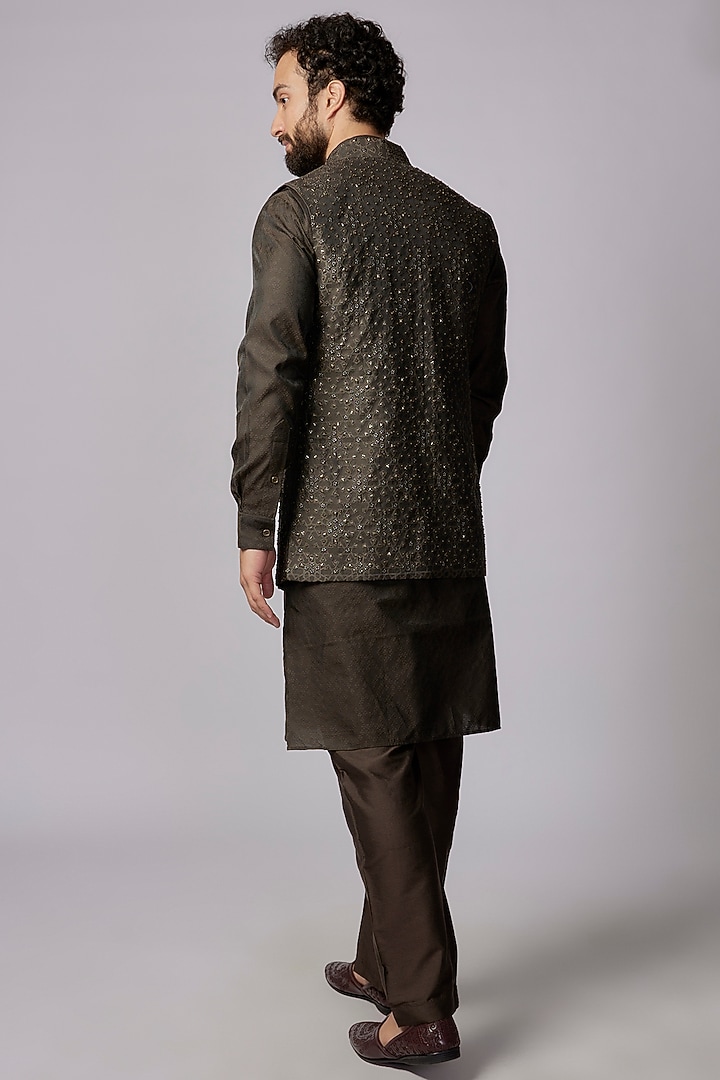 Olive Banarasi Silk Metal Embellished Wedding Indowestern Set by AMIT ARORA at Pernia's Pop Up Shop