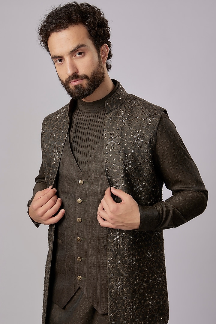 Olive Banarasi Silk Metal Embellished Wedding Indowestern Set by AMIT ARORA at Pernia's Pop Up Shop