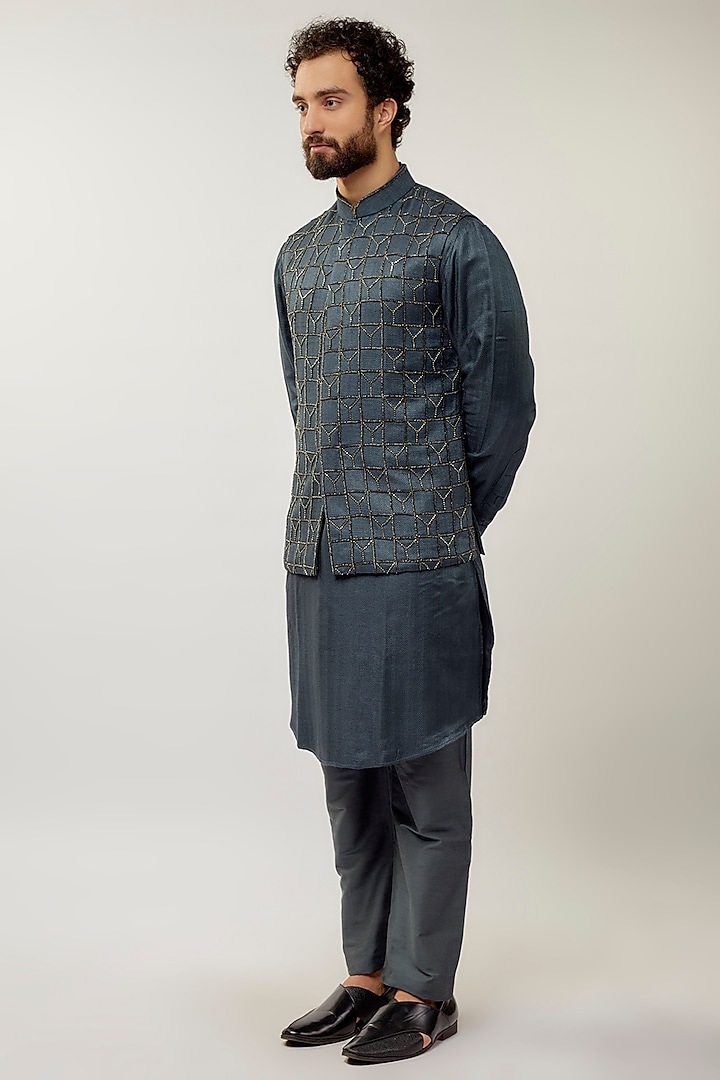 Teal Blue Banarasi Silk Hand Embroidered Nehru Jacket Set by AMIT ARORA