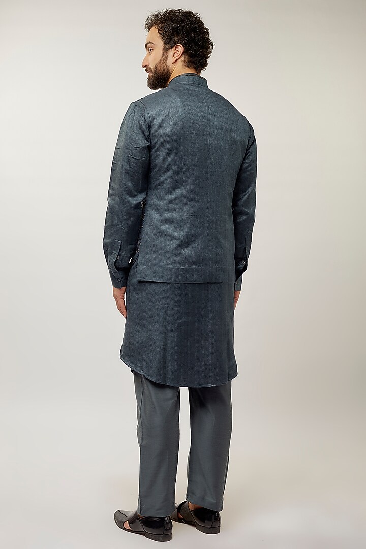 Teal Blue Banarasi Silk Hand Embroidered Nehru Jacket Set by AMIT ARORA at Pernia's Pop Up Shop