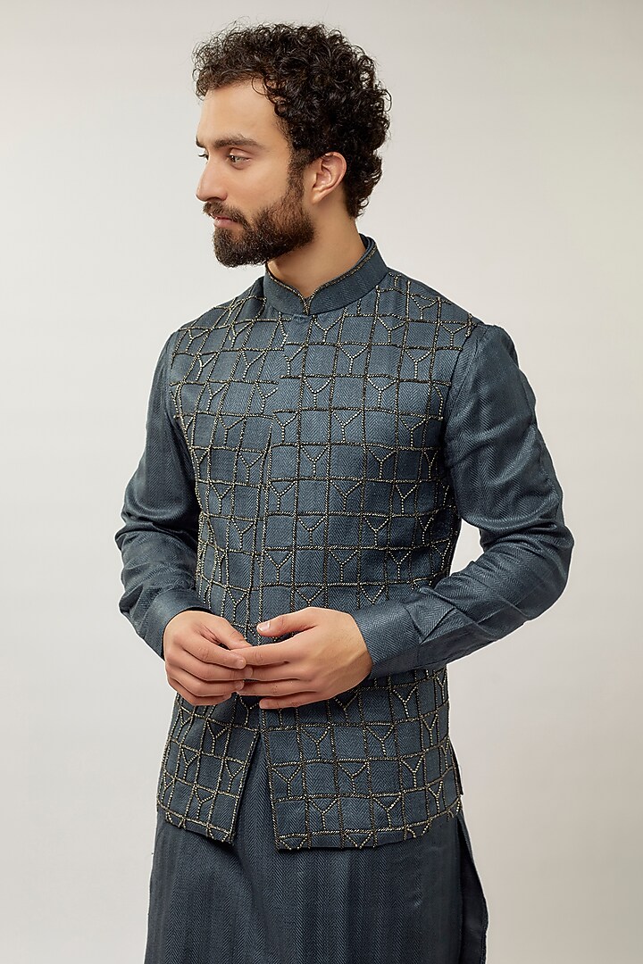 Teal Blue Banarasi Silk Hand Embroidered Nehru Jacket Set by AMIT ARORA at Pernia's Pop Up Shop