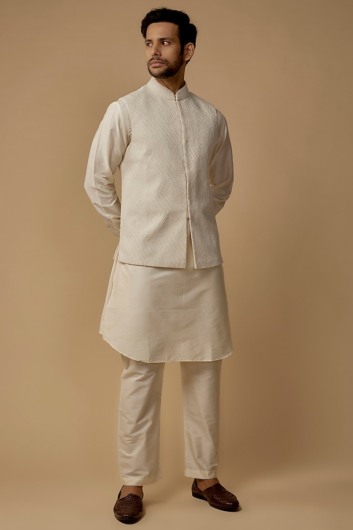 Ivory Linen Silk Bundi Jacket Set by AMIT ARORA