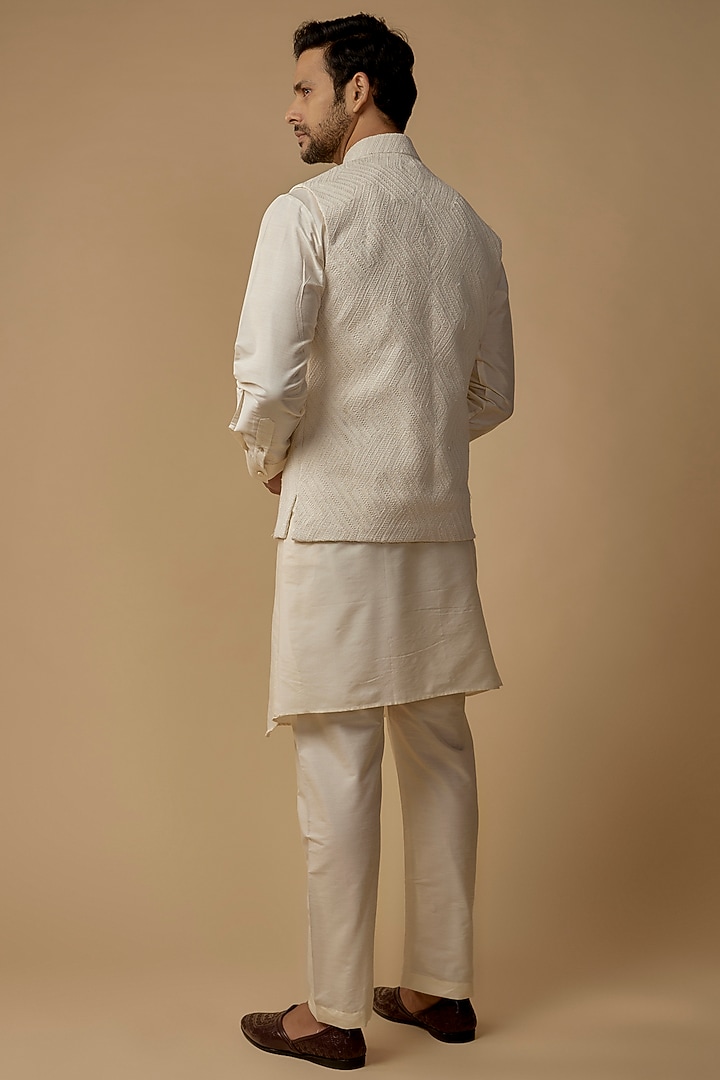Ivory Linen Silk Bundi Jacket Set by AMIT ARORA at Pernia's Pop Up Shop