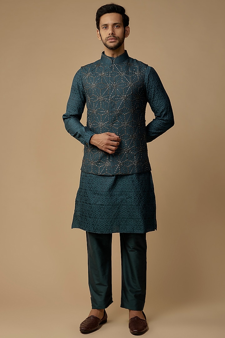 Teal Blue Banarasi Silk Hand Embroidered Nehru Jacket Set by AMIT ARORA