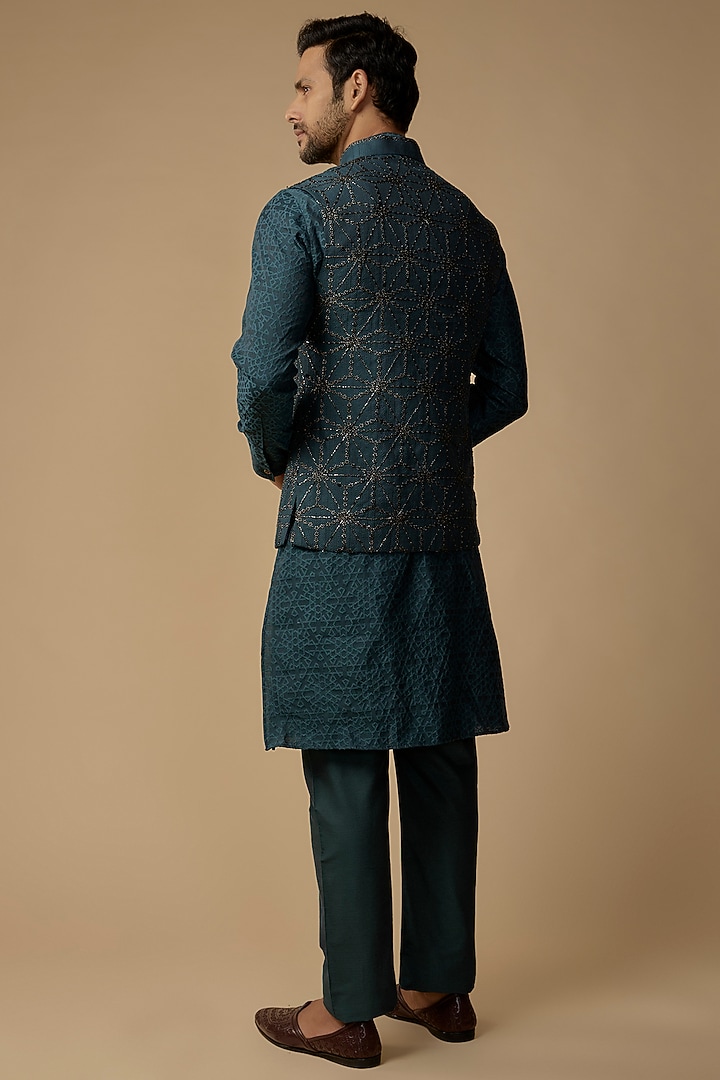 Teal Blue Banarasi Silk Hand Embroidered Nehru Jacket Set by AMIT ARORA at Pernia's Pop Up Shop