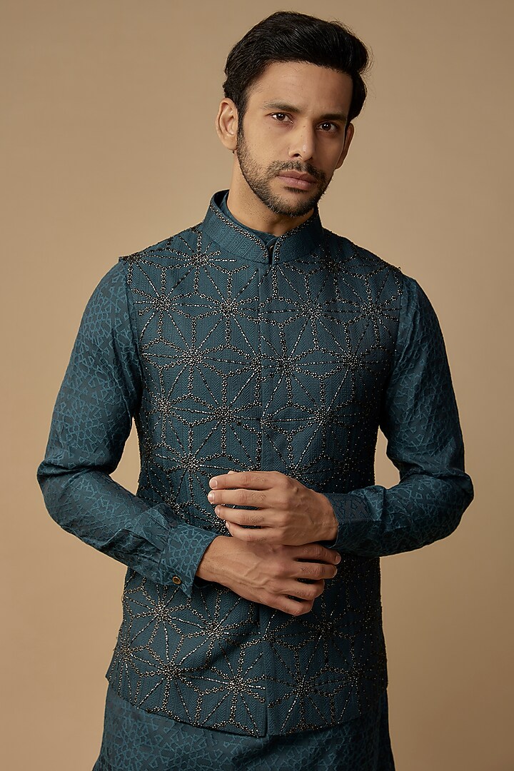 Teal Blue Banarasi Silk Hand Embroidered Nehru Jacket Set by AMIT ARORA at Pernia's Pop Up Shop