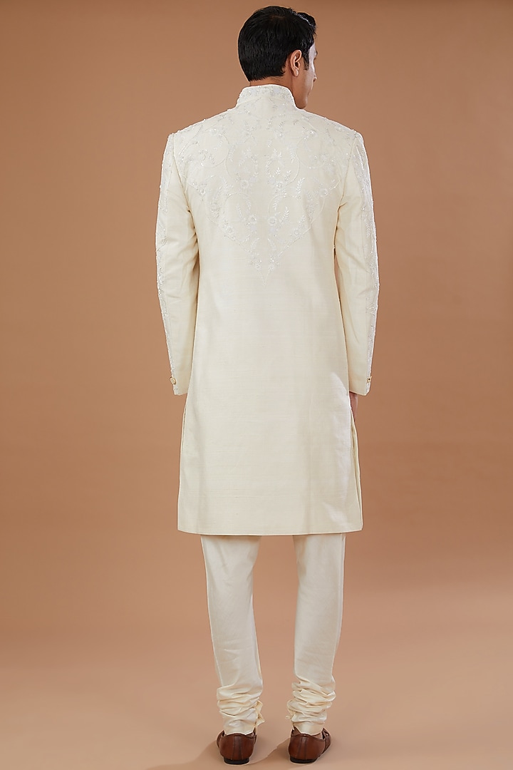 Ivory Raw Silk Sequins Embroidered Groom Sherwani Set by AMIT ARORA at Pernia's Pop Up Shop