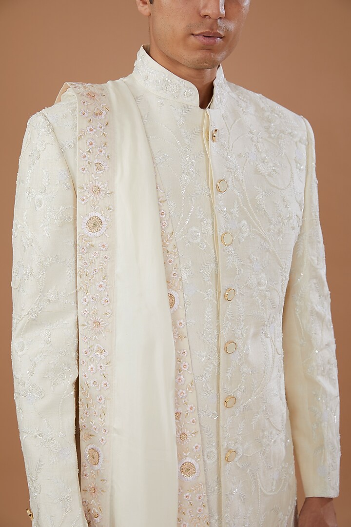 Ivory Raw Silk Sequins Embroidered Groom Sherwani Set by AMIT ARORA at Pernia's Pop Up Shop