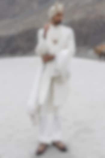 Cream Raw Silk Hand Embroidered Groom Sherwani Set by AMIT ARORA at Pernia's Pop Up Shop