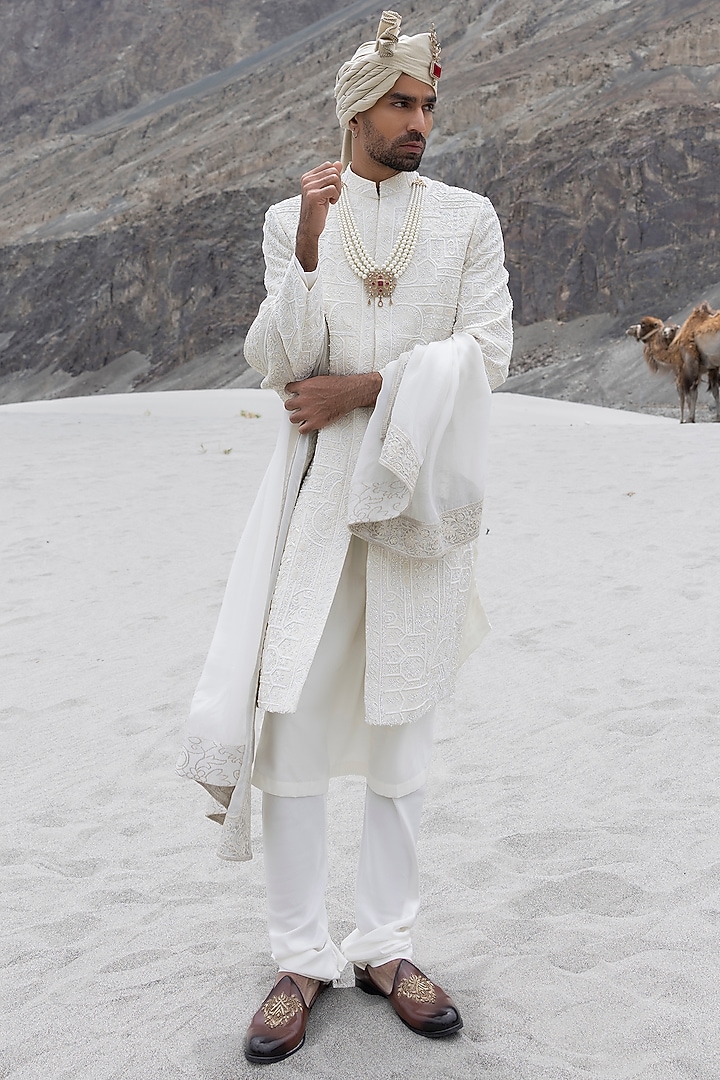 Cream Raw Silk Hand Embroidered Groom Sherwani Set by AMIT ARORA at Pernia's Pop Up Shop