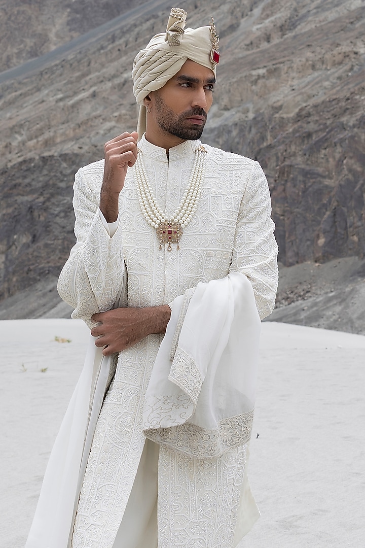 Cream Raw Silk Hand Embroidered Groom Sherwani Set by AMIT ARORA at Pernia's Pop Up Shop