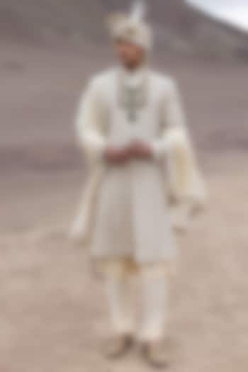 Light Gold Raw Silk Hand Embroidered Groom Sherwani Set by AMIT ARORA at Pernia's Pop Up Shop