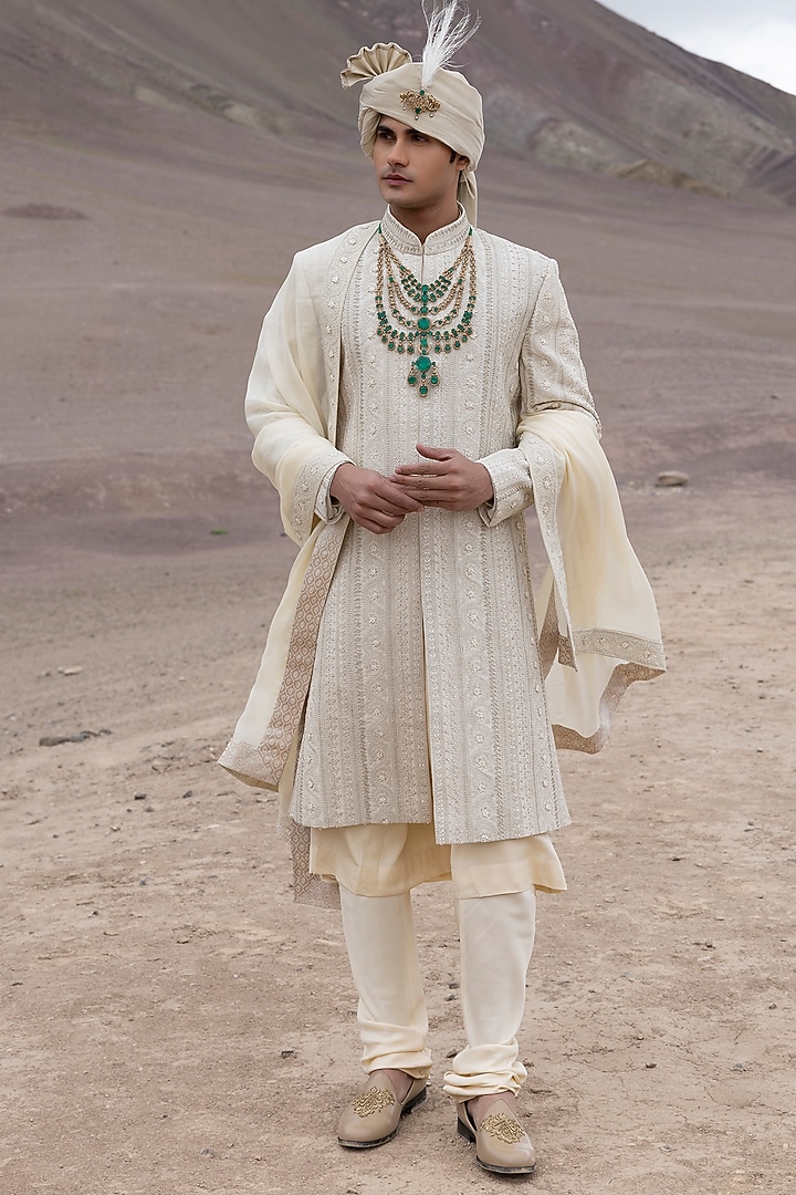 Light Gold Raw Silk Hand Embroidered Groom Sherwani Set by AMIT ARORA at Pernia's Pop Up Shop
