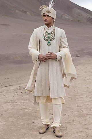 Light Gold Raw Silk Hand Embroidered Sherwani Set by AMIT ARORA